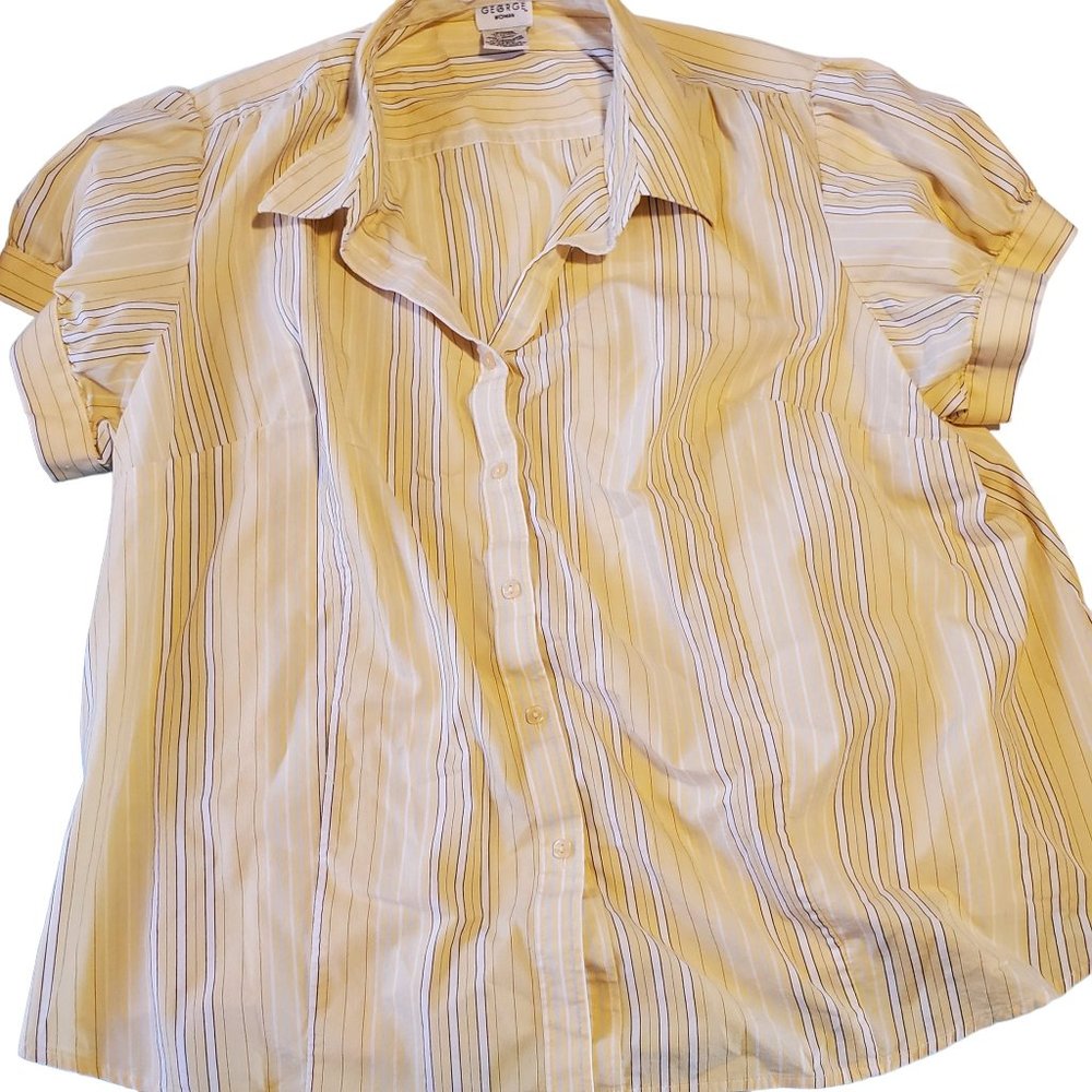 George Womans Short Sleeve Button Up Size 26W Stretch Yellow White Stripe